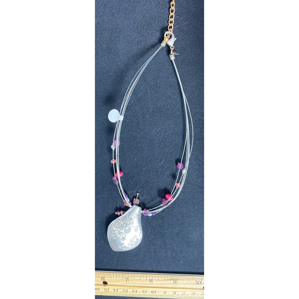 Silver Tone Pendant Necklace with Multi Color Beads and Gold Chain Accent